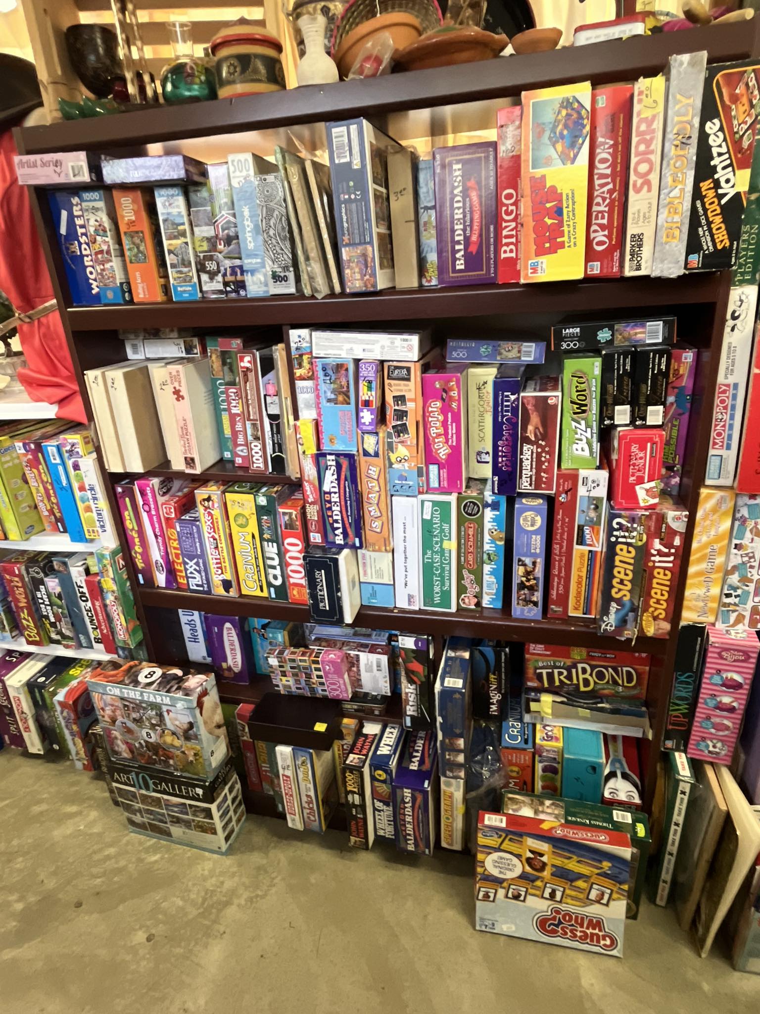 Board games on shelves